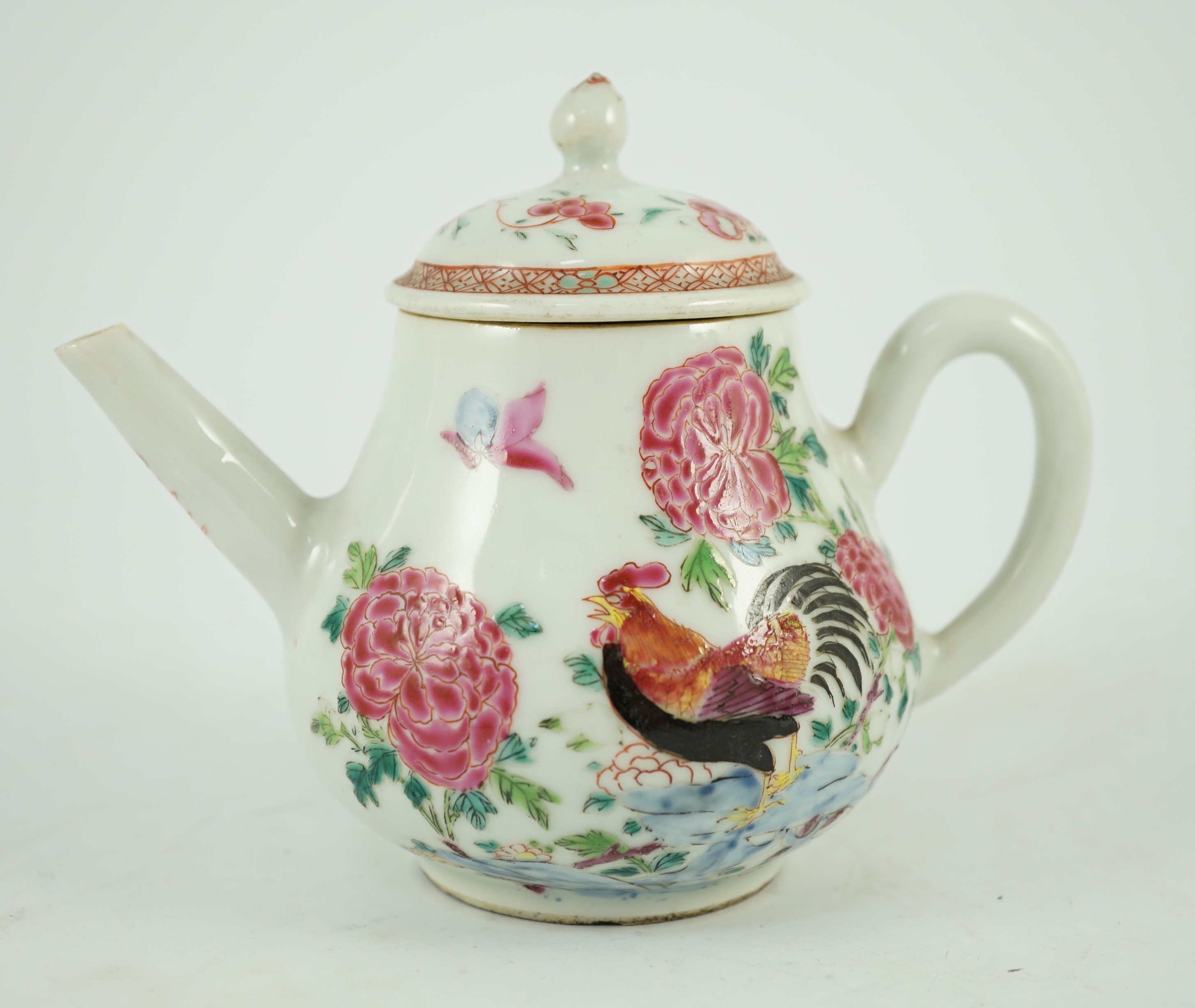 A Chinese famille rose ‘cockerel’ teapot, Yongzheng period, 12 cms high, 11.5cm high